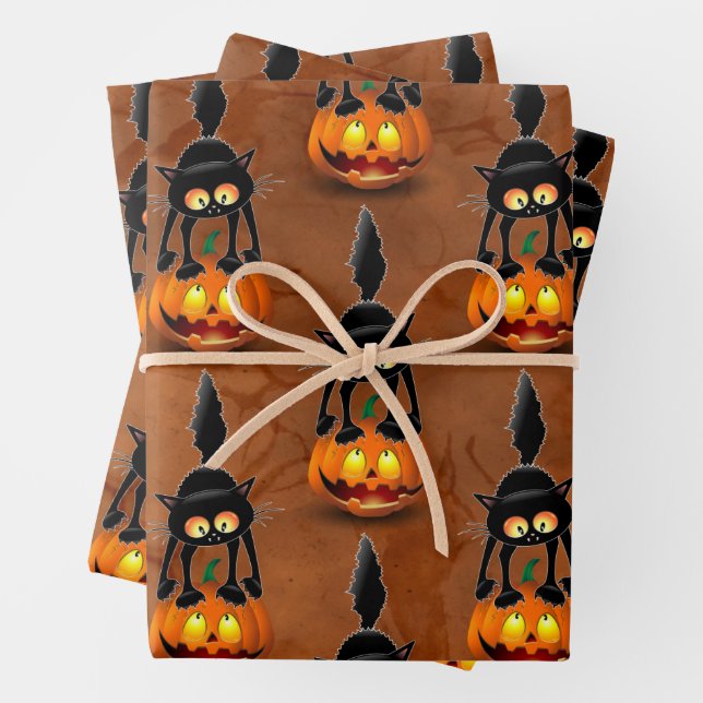 Cat Halloween Scared Cartoon on Pumpkin Wrapping Paper Sheet (In situ)