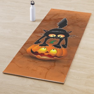 Cat Halloween Scared Cartoon on Pumpkin Yoga Mat