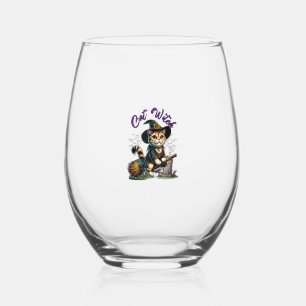 Cat Halloween Witch Costume Farmer Family Kids Tod Stemless Wine Glass
