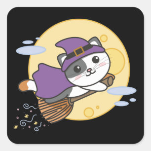 Cat Halloween Witch Kids Witch Costume Square Sticker