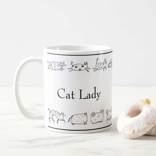 Cat Hand Sketched Cat Lady Modern Simple Coffee Mug (With Donut)