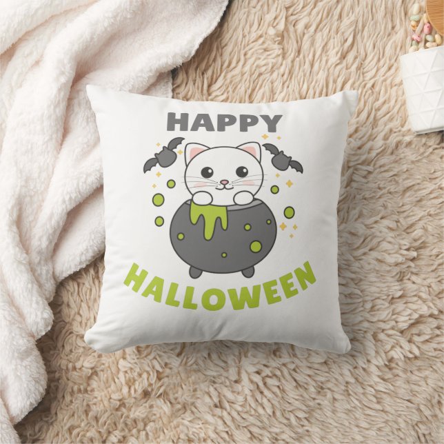 Cat Happy Halloween Cauldron Bat Cushion (Blanket)