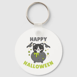 Cat Happy Halloween Cauldron Bat Key Ring