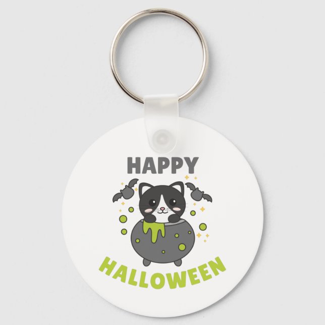 Cat Happy Halloween Cauldron Bat Key Ring (Front)