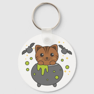 Cat Happy Halloween Cauldron Bat Keychain