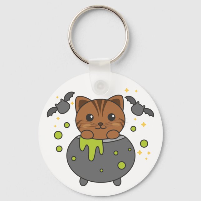 Cat Happy Halloween Cauldron Bat Keychain (Front)