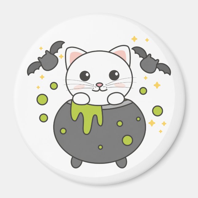 Cat Happy Halloween Cauldron Bat Magnet (Front)