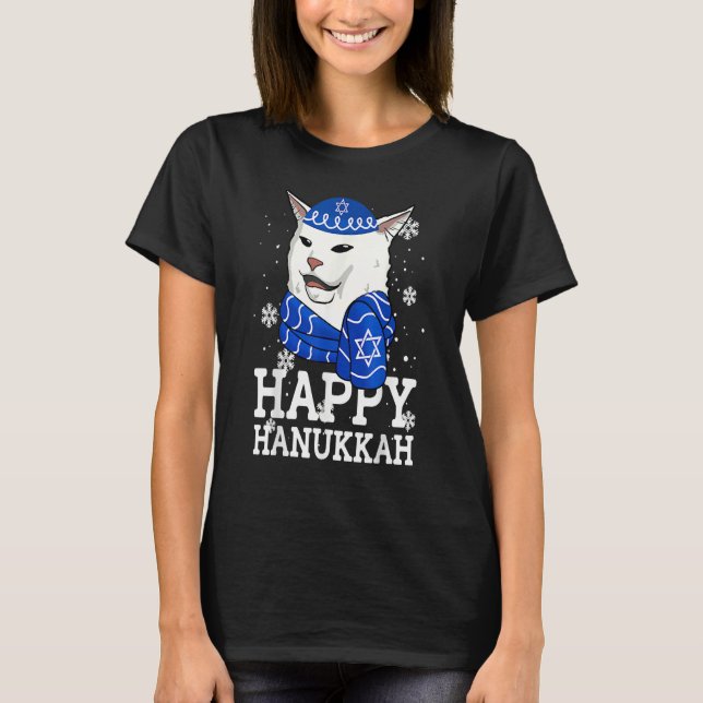 Cat Happy Hanukkah Meowzel Tov Menorah Jewish Holi T-Shirt (Front)