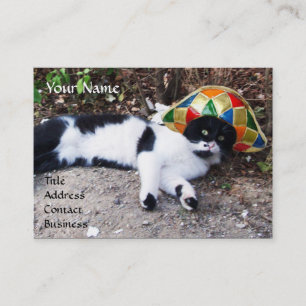 CAT , HARLEQUIN HAT AND VINTAGE STEAM LOCOMOTIVE BUSINESS CARD