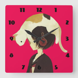 CAT HAT - Anime Child with Cat Square Wall Clock