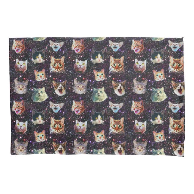 Cat Heads in Outer Space Funny Galaxy Pattern Pillowcase (Front)