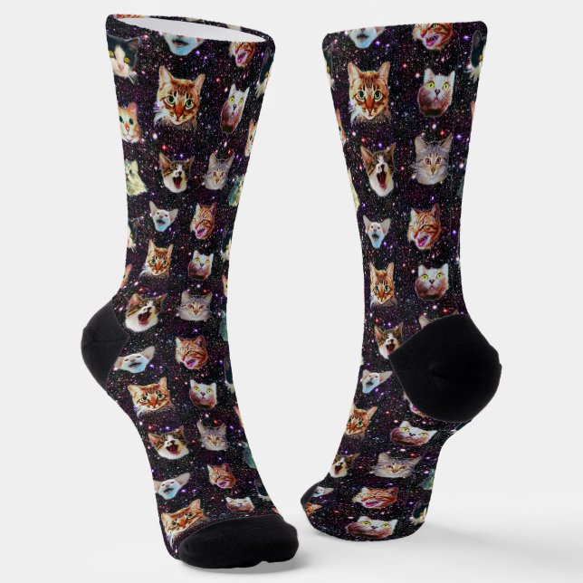 Cat Heads in Outer Space Funny Galaxy Pattern Socks (Angled)