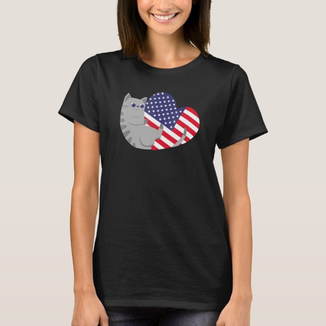 Cat Heart Patriotism Us 4th Of July American Flag T-Shirt (Front)
