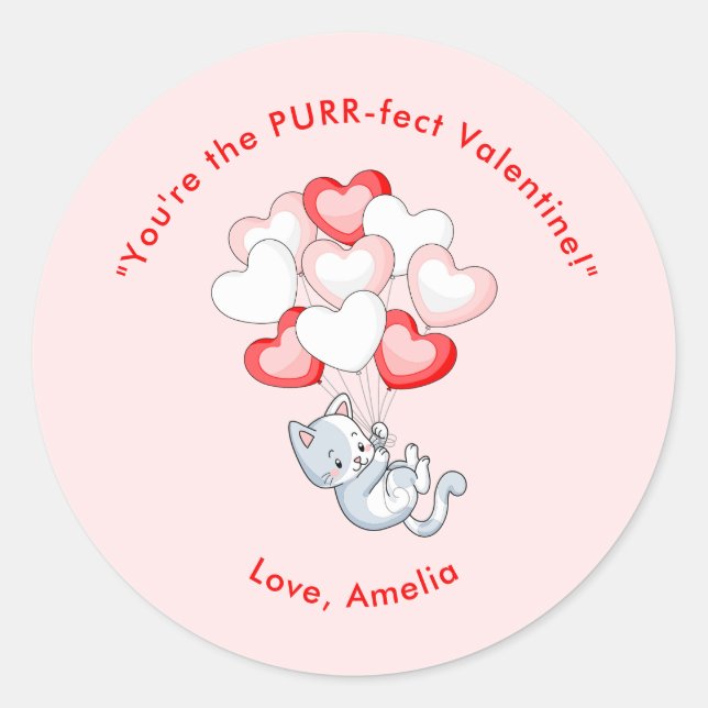 Cat Heart Personalised Valentine's Day Classic Round Sticker (Front)