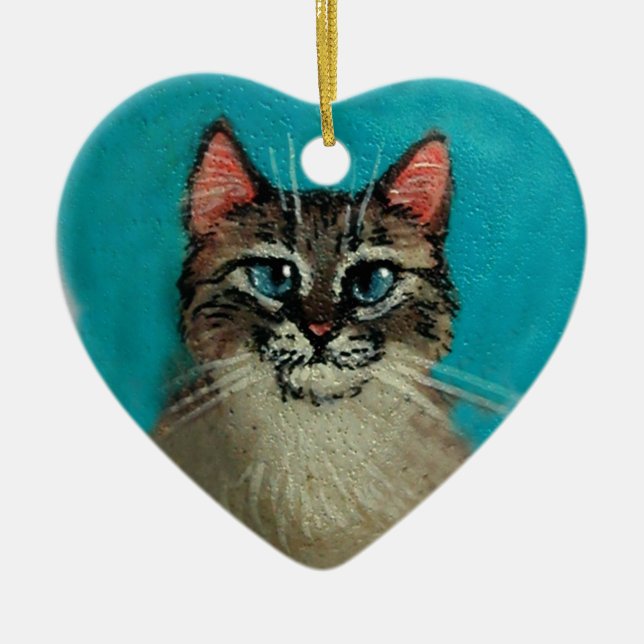 Cat Heart-Shaped Christmas or Valentine Ceramic Tree Decoration (Front)