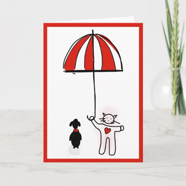 Cat Heart & Umbrella Loves Doggy Valentine's Day Thank You Card (Front)