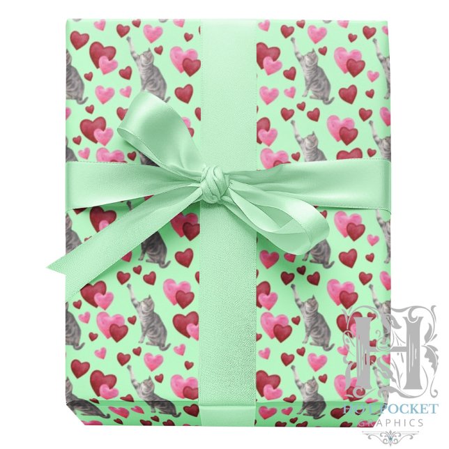 Cat Hearts Valentine Gift Wrapping Paper - Green (Creator Uploaded)