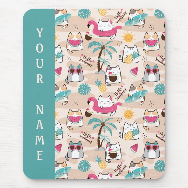 Cat Hello Summer Beach Kitty Vacation Mouse Pad (Front)