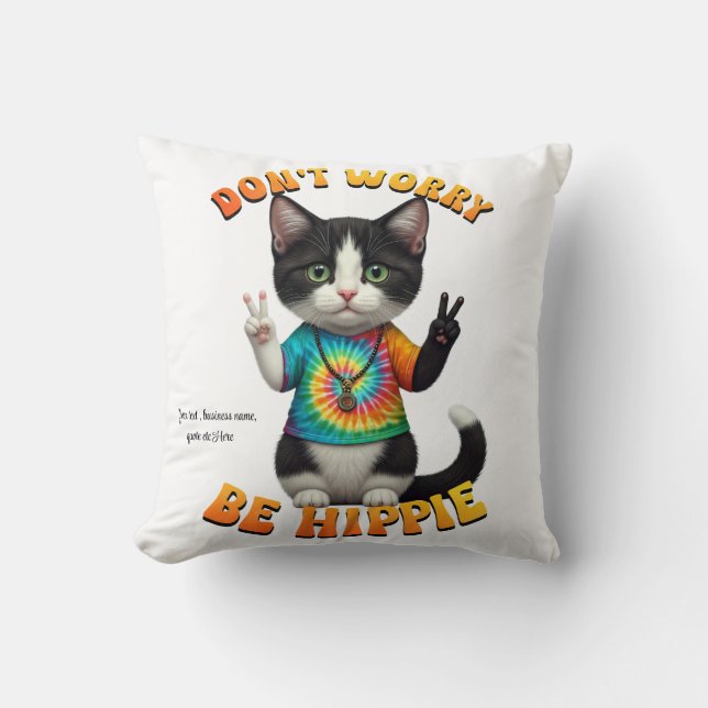Cat Hippie Boho Peace Groovy Personalise Custom Cushion (Front)