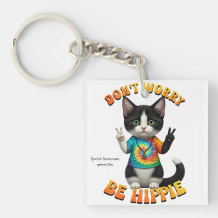 Cat Hippie Boho Peace Groovy Personalise Custom Key Ring