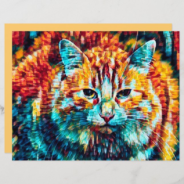 Cat Hippie Colourful Orange Groovy Art Decoupage (Front/Back)