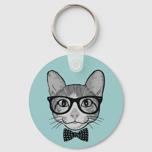 Cat Hipster with Polka Dots Bow Tie Key Ring (Front)