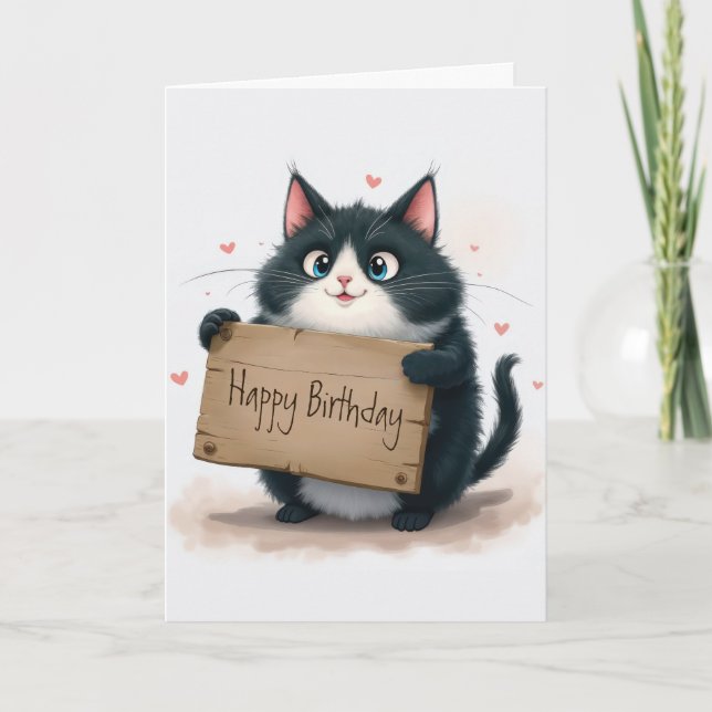 Cat Holding a Happy Birthday Sign Holiday Card (Front)