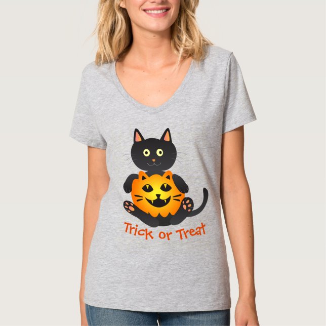 Cat Holding Jack-o'-Lantern T-Shirt (Front)