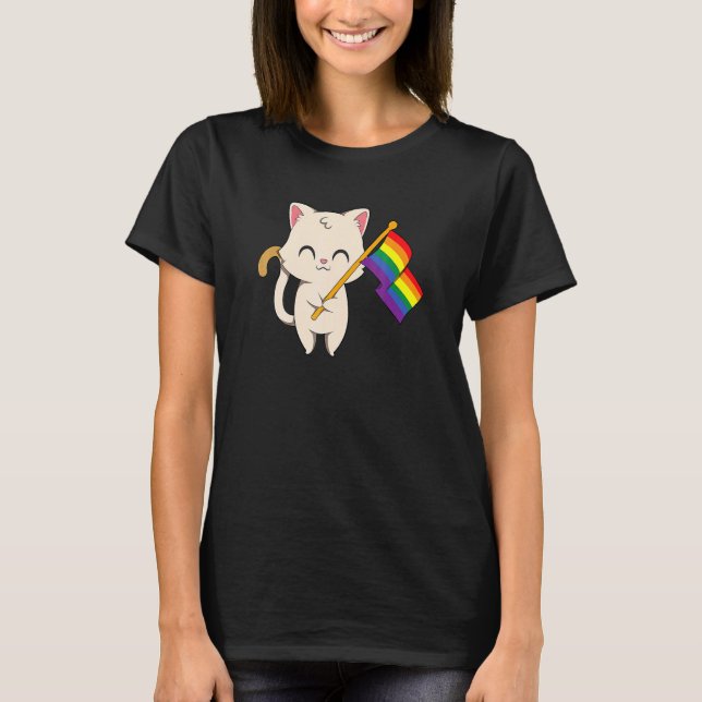 Cat Holding Lgb Flag Equality Pri T-Shirt (Front)