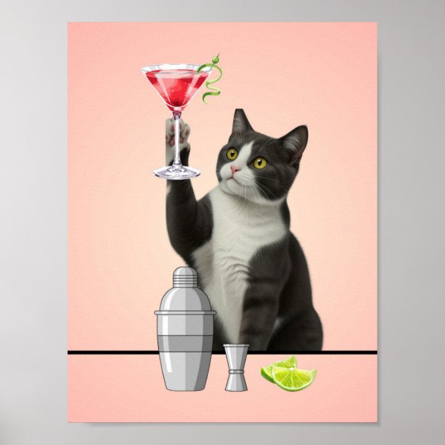 Cat holding Pink Martini Pink Background Art Poster (Front)