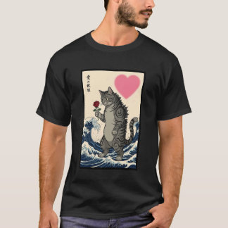 Cat Holding Rose Great Wave Ukiyo-e Valentines Day T-Shirt