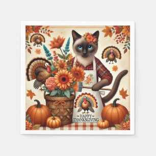 Cat Hosting Thanksgiving Dinner Party Siamese Cat Napkin