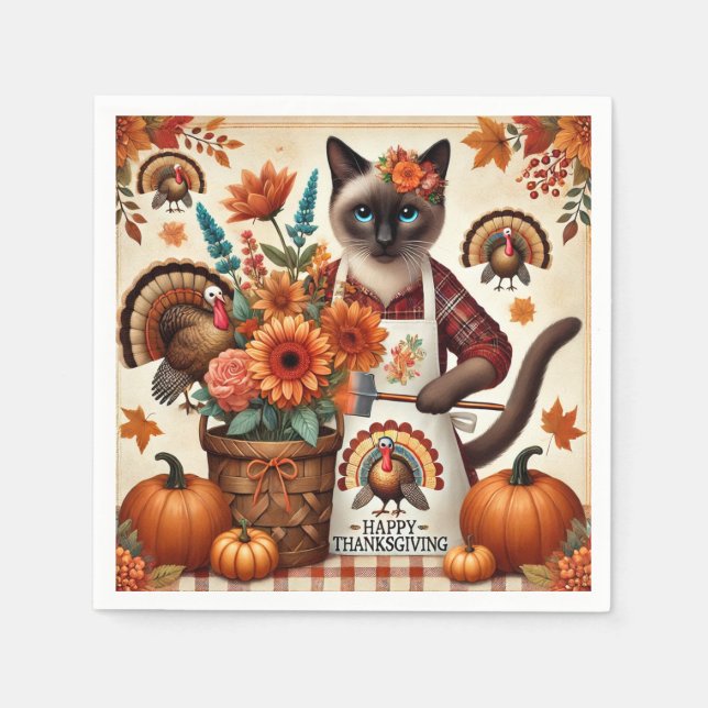 Cat Hosting Thanksgiving Dinner Party  Siamese Cat Napkin (Front)
