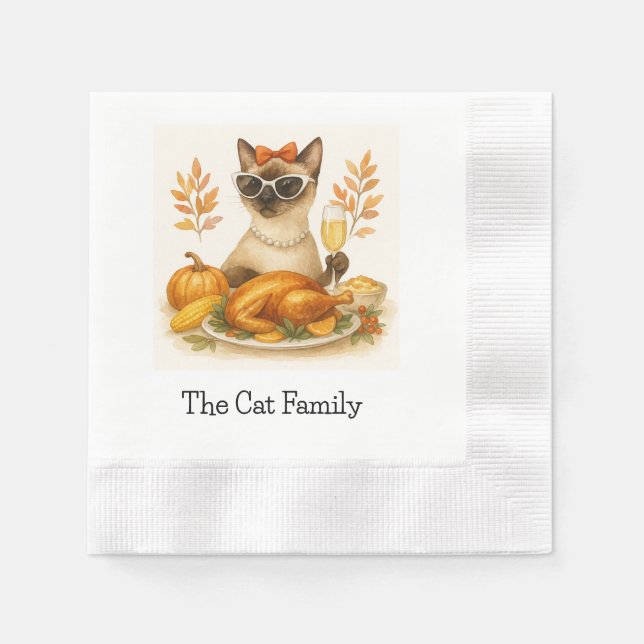Cat Hosting Thanksgiving Dinner Party  Siamese Cat Napkin (Front)