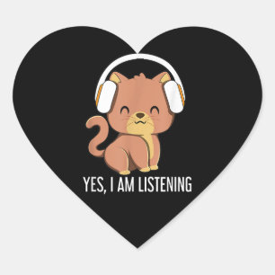 Cat I Am Listening Headphones Music Cat Lovers Heart Sticker