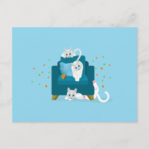 Cat illustration - 3 white cats up to mischief postcard