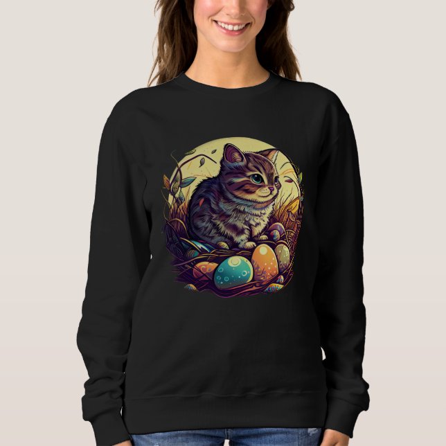 Cat Illustration Easter Graphic with Eggs for Cat Sweatshirt (Front)