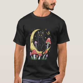 Cat Illustration Mushrooms Boho Moon Cats Mum Wome T-Shirt