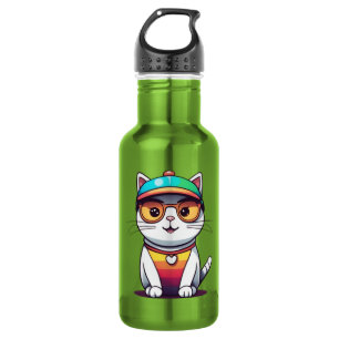 Cat Illustration with glasses  532 Ml Water Bottle