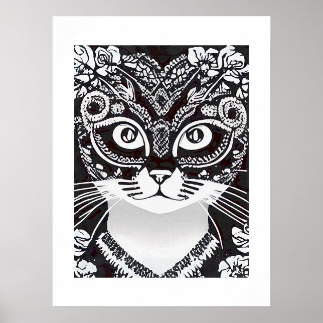 Cat in a Black and White Mardi Gras Mask Poster (Front)