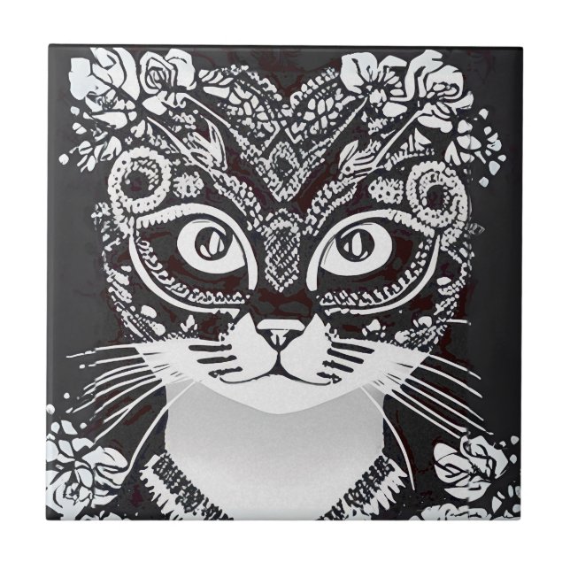 Cat in a Black and White Mardi Gras Mask Tile (Front)