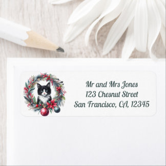 Cat in a Christmas Floral Wreath 6- Return address