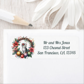 Cat in a Christmas Floral Wreath 7- Return address