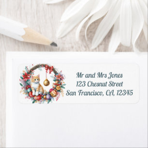 Cat in a Christmas Floral Wreath - Return address