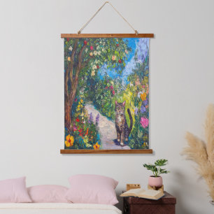Cat in a Floral Garden - Impressionist Paint Hanging Tapestry