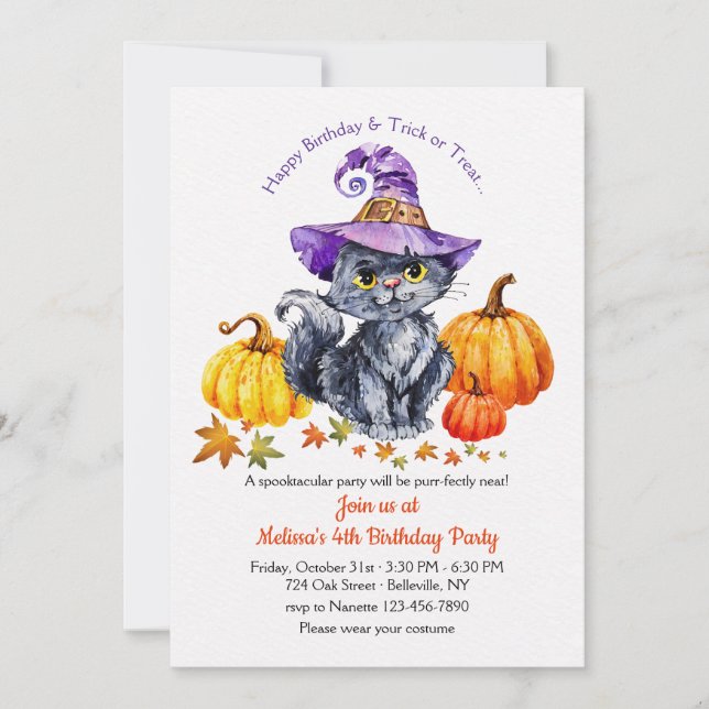 Cat in a Hat with Pumpkins Invitation (Front)