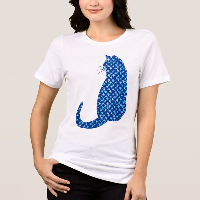 Cat in a Pattern of Stars on Deep Blue Tri-Blend Shirt (Front)