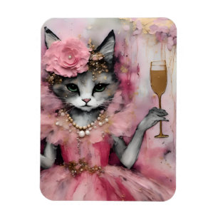 Cat in a Pink Dress with a Golden Drink Magnet