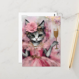 Cat in a Pink Dress with a Golden Drink Postcard