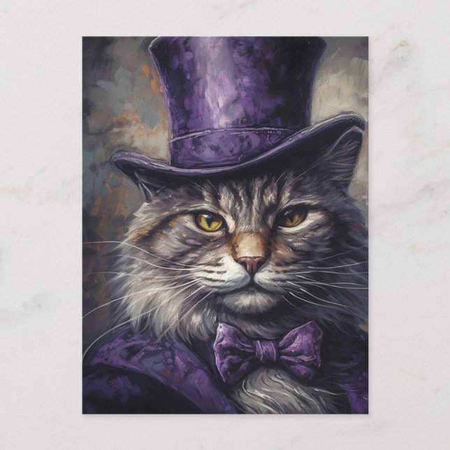 Cat in a Purple Tophat Vintage Postcard (Front)
